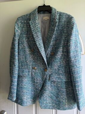 LOFT Blue-Green Tweed Double-Breasted Blazer